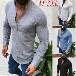 Hommes nouveau Design solide à manches longues décontracté lin col en V chemise mâle ample hauts pullover vêtements grande taille S-5XL304B