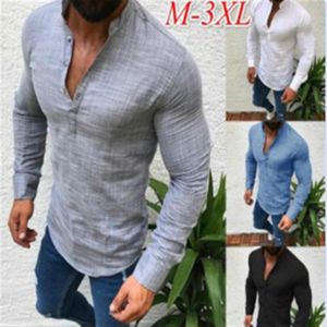 Hommes nouveau Design solide à manches longues décontracté lin col en V chemise mâle ample hauts pullover vêtements grande taille S-5XL235n