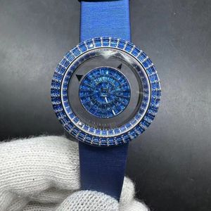 Heren New Iced diamanten horloge blauwe wijzerplaat horloge diamanten kast 37,5 mm lederen band quartz uurwerk