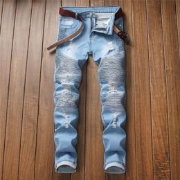 Heren nieuwe jeans mannelijke mode persoonlijkheid losse gescheurde slanke fit rits stretch denim broek jeans man broek voor mannen E21