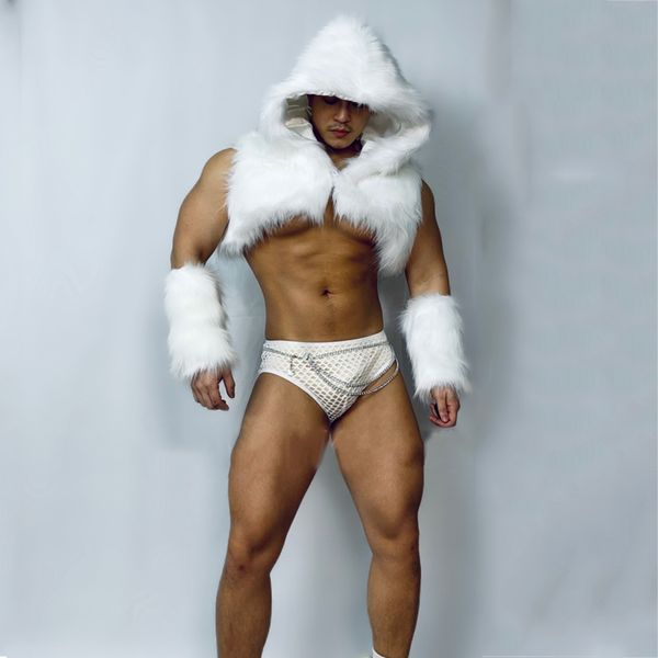 Bar de boîte de nuit masculine Gogo Dancer Costume Sexy White Hooded Vear Gest Burning Man Stage Rave tenue Pole Dance Vêtements XS3660