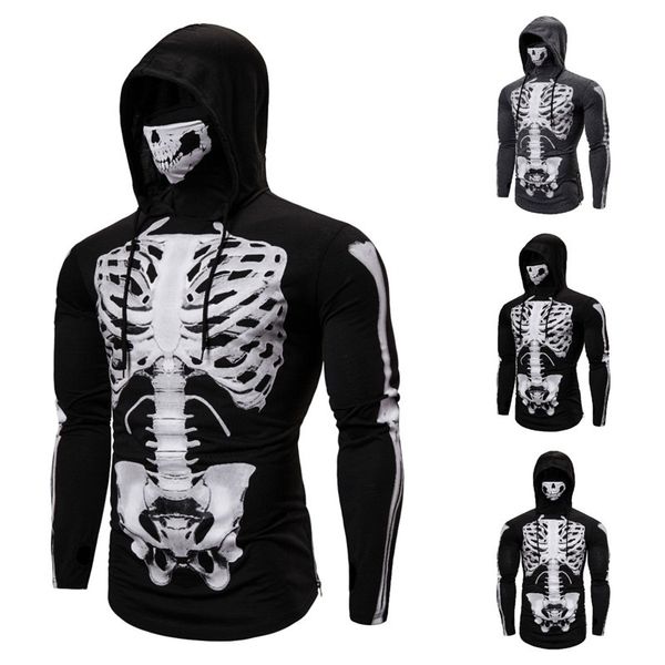 T-shirt à capuche Ninja pour hommes, T-shirt à manches longues pour Halloween Cosplay, squelette complet, masque de crâne, motif Stranger Things