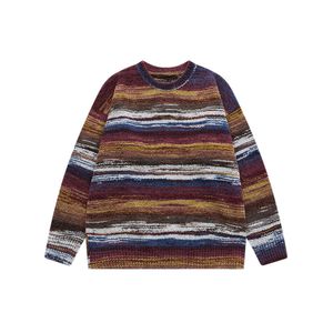 Pull à col rond à rayures colorées pour hommes, peinture à l'huile, nouvelle mode, haut tricoté ample, automne et hiver