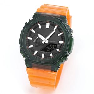 Montre de sport orange à quartz numérique 2100 pour hommes, fonction complète, résistance à l'eau, heure mondiale, grand cadran LED, série Oak