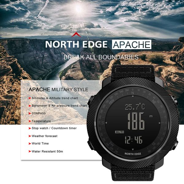 Montre de sports numériques extérieurs pour hommes avec baromètre altimeter Compass World Time 50m Petométique étanche.