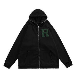 Vêtements d'extérieur pour hommes Raf Simons trou usé lettre serviette brodé cardigan à fermeture éclair chaopai high street lâche en peluche pull jacket228