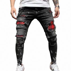 Jeans skinny extensibles peints pour hommes Slim Fit Ripped Distred Plissé Genou Patch Denim Pantalon Marque Pantalon décontracté pour hommes F0WV #