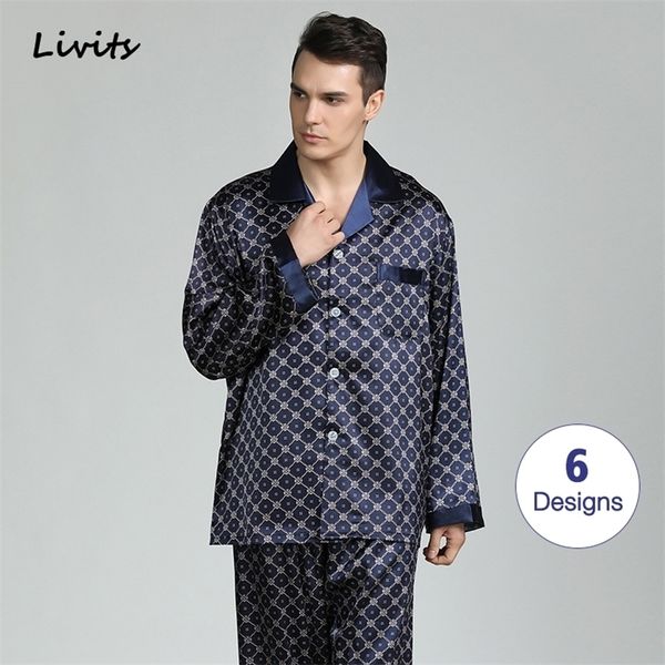 Conjuntos de pijamas para hombres Pijamas de seda satinada Ropa de dormir Ropa de dormir Camisón Homewear Ropa de dormir Manga larga Impreso Casual para hombre T200813