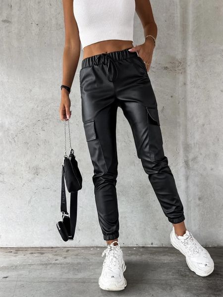 Pantalon de pantalon masculin Faux Leater hauts hauts longueur de cheville décontractée noire lacet crayon pant de cuir pu pour femmes avec des poches 231216