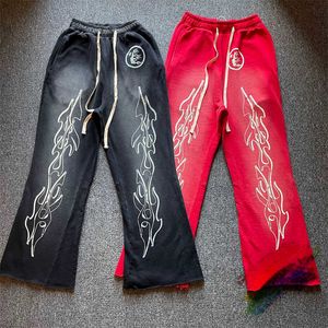 Pantalones de hombre 2017 FW Hellstar Dios Red Flash Pantalones deportivos de alta calidad para hombre Trabajo de remiendo Tela pesada Retro Pantalones con cordón para correr T230919