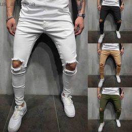 Pantalones para hombre 2019, los más vendidos, pantalones ajustados de cintura media con agujeros de color para hombres, pantalones elásticos con agujeros para las rodillas para hombres 240308