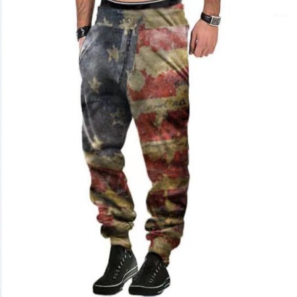 Pantalones para hombres 2021 Hombres Moda Estrellas largas Bandera a rayas Imprimir Hip Hop Pantalones con bolsillos Cintura media Casual Sweetpants Masculino Plus Tamaño