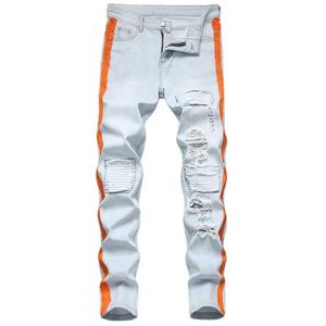 Pantalon masculin 2021 New Fashion Mens Cotton Ripped Trou Ripped Trou décontracté mince skinny Blanc noir jeans pantalons hommes pantalons de denim Hip Hop mâle décontracté J240510