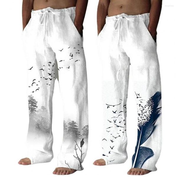 Pantalones de hombre 2022 moda Vintage hombres Color sólido pájaros voladores estampado verano encaje cintura elástica Streetwear pantalones con cordón