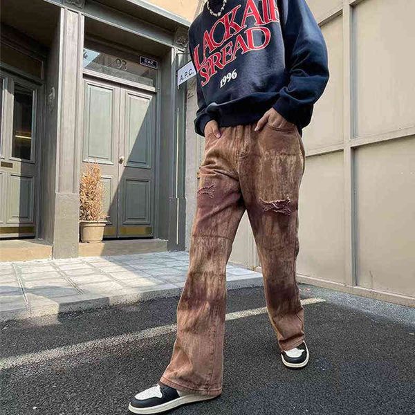 Pantalons pour hommes 2022 High Street Tie Dye Trou Ripped Brown Baggy Hommes Jeans Pantalon Y2K Vêtements Grunge Straight Loose Denim Pantalon Pantn Homme T220909