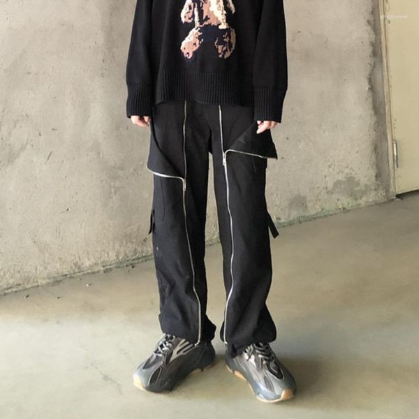 Pantalones para hombres 2022 Japón Streetwear Hip Hop Suelto Casual Cremallera Empalme Multi-Bolsillo Recto Cargo Masculino Blanco Negro Pantalones