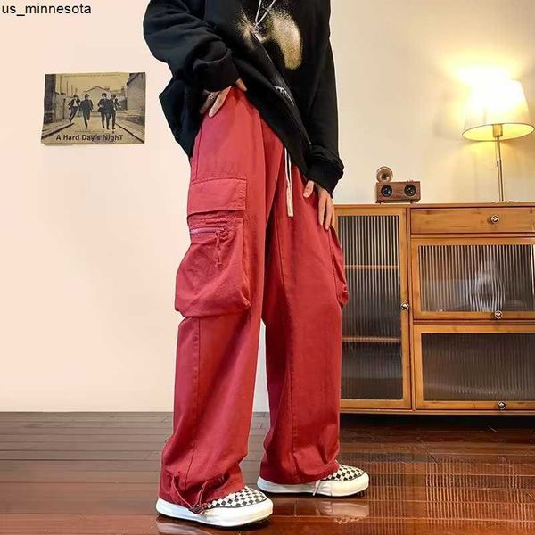 Pantalons pour hommes 2022 Style japonais poche latérale rouge Baggy hommes droite Cargo large pantalon Drstring pantalons de survêtement mâle lâche décontracté pantalons longs J230419