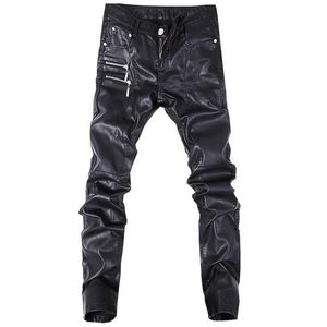Pantalon masculin 2022 Nouvelle tendance noire pantalon en cuir ultra mince Pantalon à glissière personnalisée pantalon en cuir à la mode jeune pantalon en cuir moto pour menl2405
