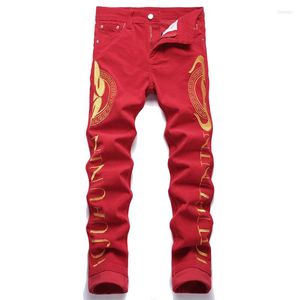 Pantalons pour hommes 2022 Style Punk Hommes Casual Corduroy Jeans Lettre rouge Broderie Stylée Taille moyenne Stretch