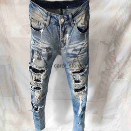 Herrenhosen 2022 Retro Painted Rhinstone Skinny Denim Jeans Hip Hop Männer Jeans Stretch Hosen Männer Ripped Fashion Washed Hole Jeans Große Größe J231208