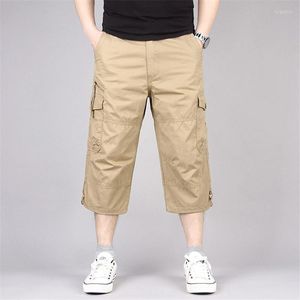 Herenbroek 2022 Zomerheren Militaire baggy lading Multi -pocket Kalf Lengte Elastische tailleband Capri Beach broek Men's