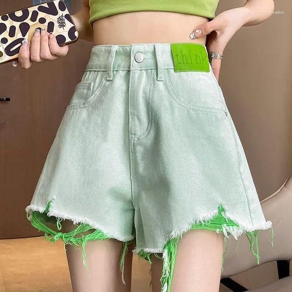 Pantalones de hombre 2023 Llegada Denim verde claro para mujer con cintura alta y pierna ancha en tela fina