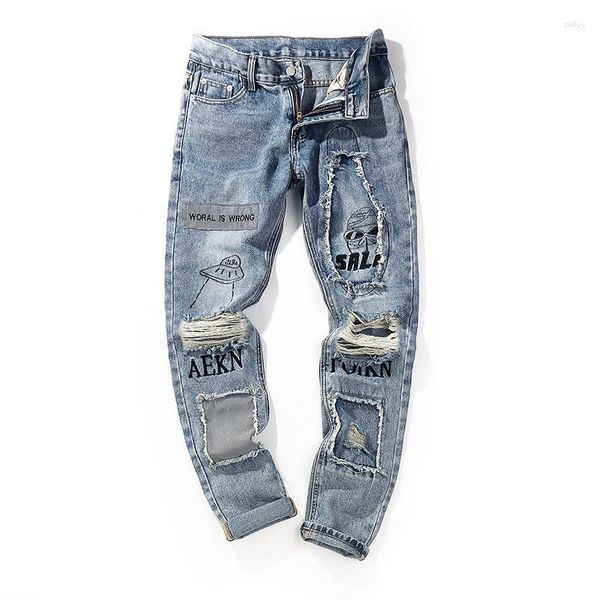 Männer Hosen 2023 Ankunft Top Mode Gott Männer Zipper Volle Länge Logo Gerade High Street Druck Loch In Jeans