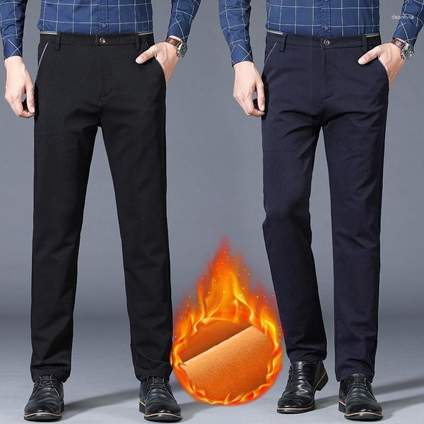 Pantalon pour hommes 2023 Automne Hiver Chaud Mode Business Casual pour hommes Plus Velours Élastique à quatre voies Pantalon haut de gamme Bleu Noir