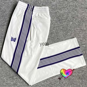 Pantalones para hombres 2023 Azul de punto Raya Mariposa Agujas Tra Pantalones Hombres Mujeres Poly Smoo AWGE Agujas Pantalones Blanco Estrecho Pantalonesyolq