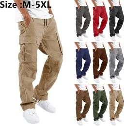 Calças masculinas 2023 calças de carga para homens comprimento total cor sólida solta multi bolso bolsos de cordão masculino 5xl 231031