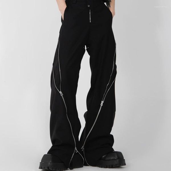 Pantalones de hombre 2023 marca de moda negro diseño de cremallera hendidura campana-bottoms drapeado recto Casual Vintage