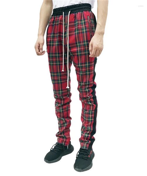 Pantalons pour hommes 2023 Mode Hommes Pantalons de survêtement Hip Hop Rouge Plaid Streetwear Zipper Slim Crayon Pantalon Jogger