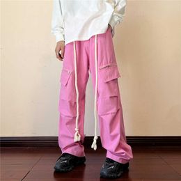 Herenbroek 2023 Harajuku Amerikaanse heren vrachtbroek Big Pocket Pink Pink Rechte Baggy Wideleg Casual broek Mannelijke trainingsbroek Z0306