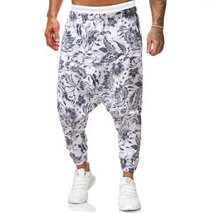 Pantalon pour hommes 2023 Peinture à l'encre imprimée en vrac coton et lin imprimé bouquet de fleurs vêtements simples pantalons de survêtement athlétiques à l'avant plat