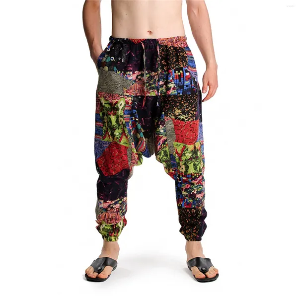 Pantalon masculin 2023 peinture à l'encre imprimée en coton lâche et lin imprimer fleur bouquet pieds de sport pour hommes décontractés ajustement détendu