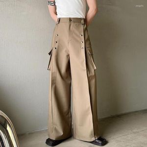 Pantalones de hombre 2023, pantalones informales de pierna ancha para hombre, estilo coreano, cintura alta, pieza de Metal, decoración de bolsillo, de moda, de talla grande, S-XL