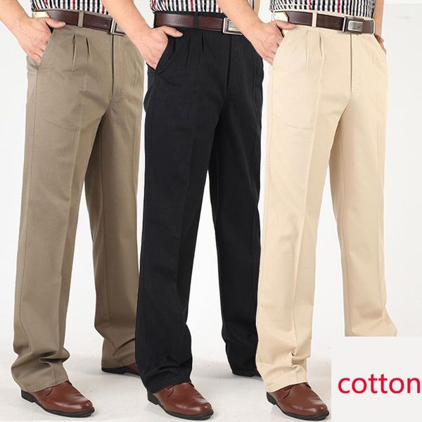 Pantalones de hombre 2023, pantalones informales para hombre, cintura alta, sueltos, de algodón puro, doble plisado, resistente a las arrugas, planchado, largo completo, de talla grande 30-46