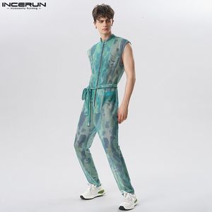 Pantalons pour hommes 2023 Hommes Combinaisons Mesh Tie Dye Zipper Sans Manches Sexy Barboteuses Transparent Streetwear Mode Salopette Avec Ceinture INCERUN S 5XL 7 230719