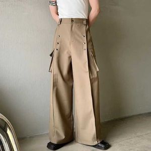 Men's Pants 2023 hommes décontracté large jambe pantalon Style coréen nouvelle taille haute pièce en métal poche décoration à la mode pantalon grande taille S-XL zln231125