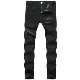 Geripte spijkerbroek voor heren modepotlood Solid Color High Taille gescheurde broek Zipper Design Dichtbij voor mannen