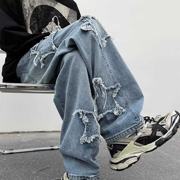 Pantalons pour hommes 2023 New Fashion Stars Serviette brodée Brown Baggy Jeans pour hommes Y2k Cloes Straight Hip Hop Cotton Pantalon Homme G230422