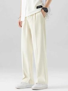 Herenbroek 2023 Nieuwe zomer casual heren Breathab polyester Koreaanse mode si-brede gebonden tailletjes recht losse drape broek H240508