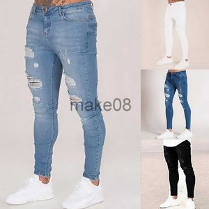 Pantalons pour hommes 2023 Pantalons crayon Pantalons de survêtement élastiques Hommes Fit Solid Ripped Denim Sarouel Casual Noir Bleu Blanc Détruit Jeans Pantalon J230712