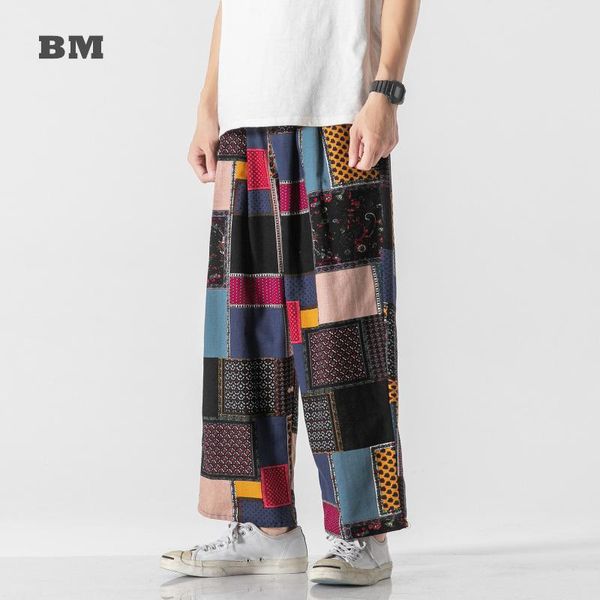 Pantalones de hombre 2023 Retro moda parche mendigo Casual estilo chino de talla grande algodón Lino Pantalones rectos hombres ropa Harajuku hombre