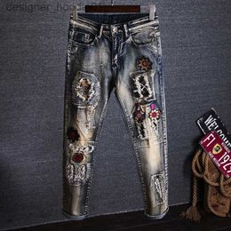 Pantalones para hombres 2023 Primavera Otoño Nueva moda clásica Parche bordado Pantalones vaqueros de pierna recta Hombres Hip Hop Motocicleta Estiramiento Pantalones de alta calidad L231129