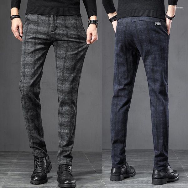 Pantalones de hombre 2023 primavera Inglaterra tela escocesa trabajo estiramiento hombres algodón negocios moda Delgado gris azul Casual pantalón masculino marca pantalón 38.