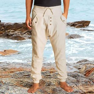 Herenbroek 2023 Lente zomer heren vintage strandbroek solide kleur button-up drawstring lange broek mannen casual mode slank