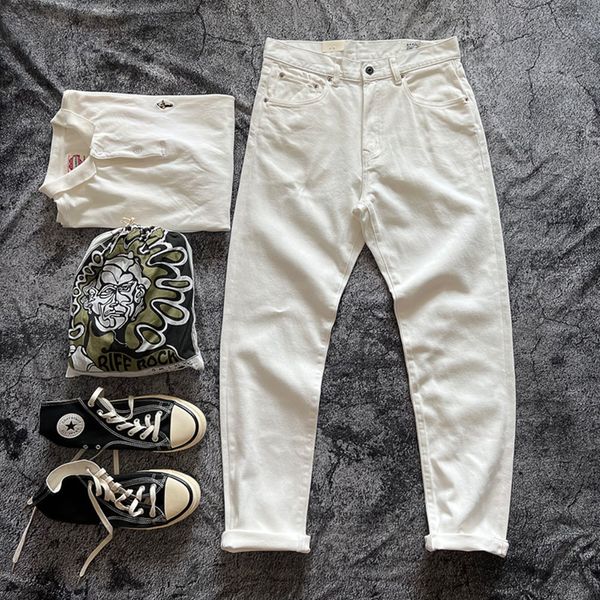 Pantalons pour hommes 2023 Printemps Vintage Japonais Blanc Vache Rouge Oreille Rétro Tanin Américain Outillage Droit Coton Lavé Jeans Streetwear 230630