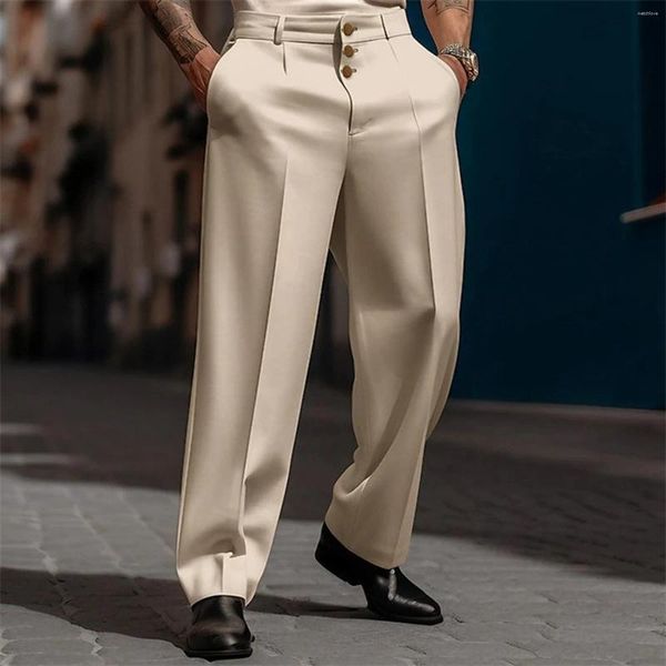 Pantalones para hombres 2023 Stand Pocket Elegante Pierna ancha Sólido Blanco Fiesta Pantalones de boda Tallas grandes Botones de moda para hombre Traje