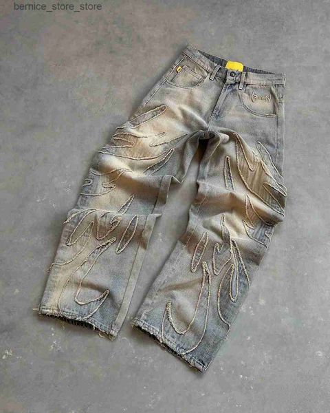 Pantalons pour hommes 2023 Street Retro Raw Edge Broderie Baggy Jeans pour hommes Mode Hip Hop Modèle Femmes Patchwork Taille Haute Denim Pantalon Y2k Q231201